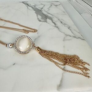 Cat’s Eye Cream Pendant Tassel Necklace 30” Long Gold-tone Rhinestone Accent Fun